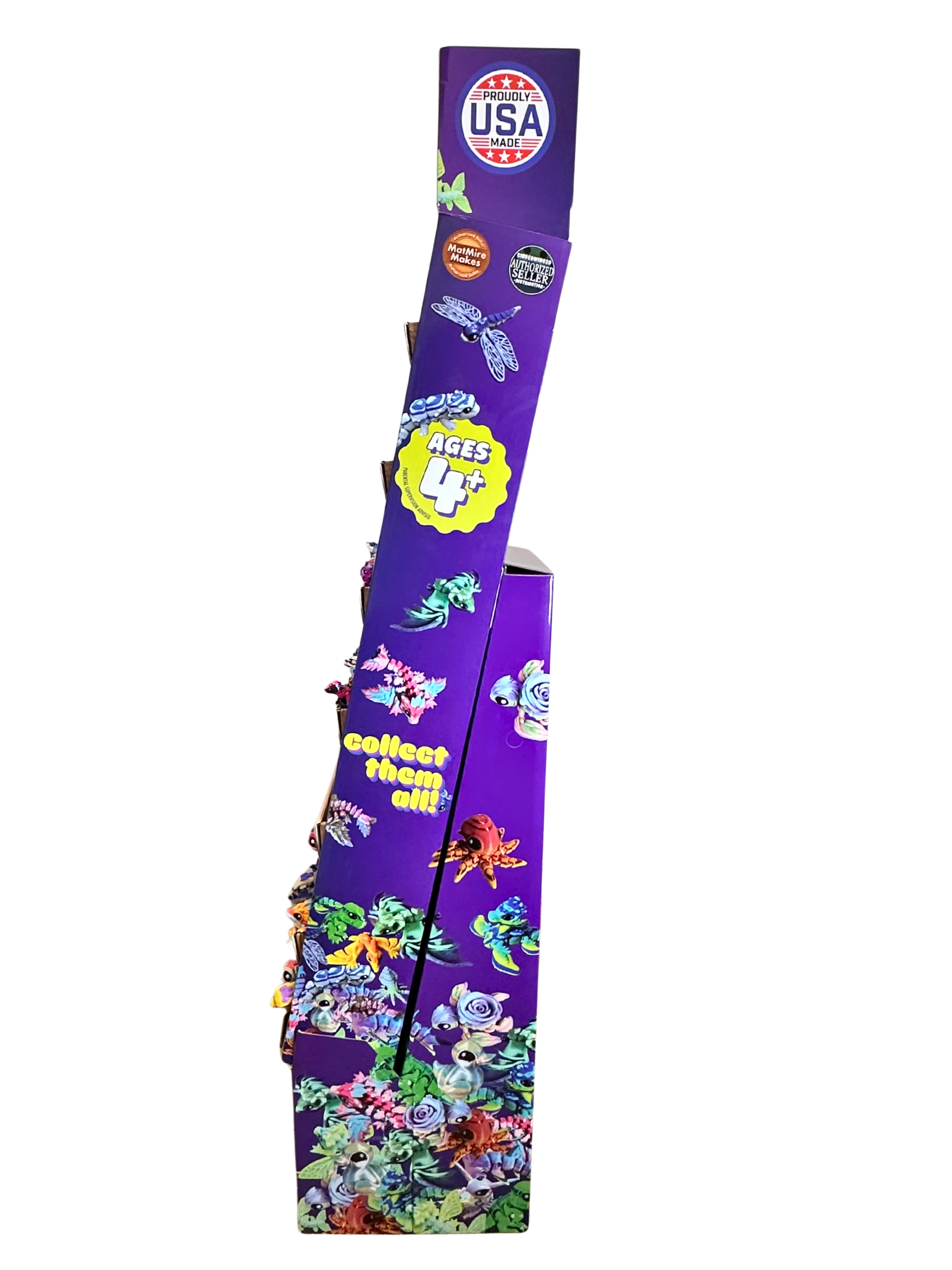 Purple display box showcasing collectible toys for ages 4 and up, with colorful animated characters and a "collect them all" message, promoting a 3D-printed toy collection.