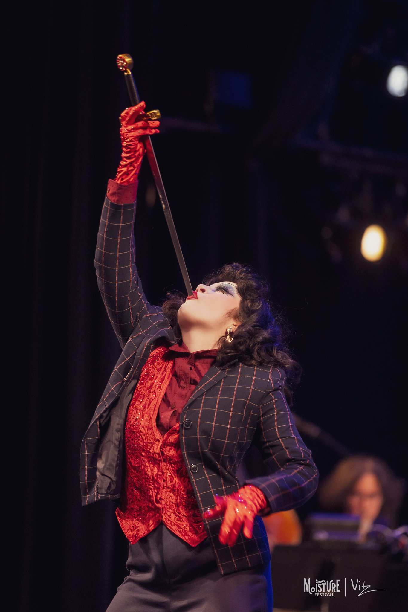Bambi Karloff, burlesque artist and sword swallower, at Moisture Festival, March 2026.