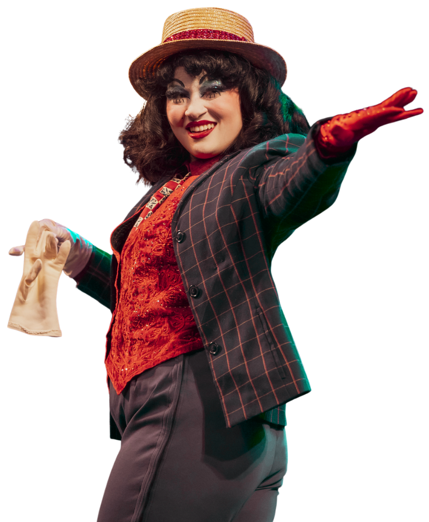 Performer dressed as a vintage circus or vaudeville entertainer wearing a striped hat, patterned blazer, red lace blouse, and gray pants, posing with a playful expression and outstretched arm.