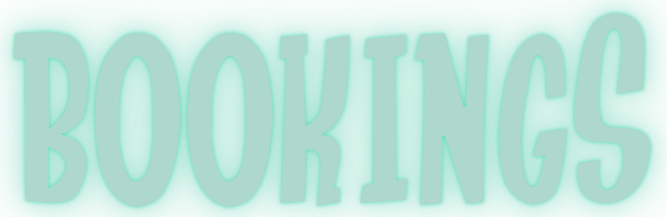 Large, light-colored text spelling 'BOOKINGS' on a light green background.