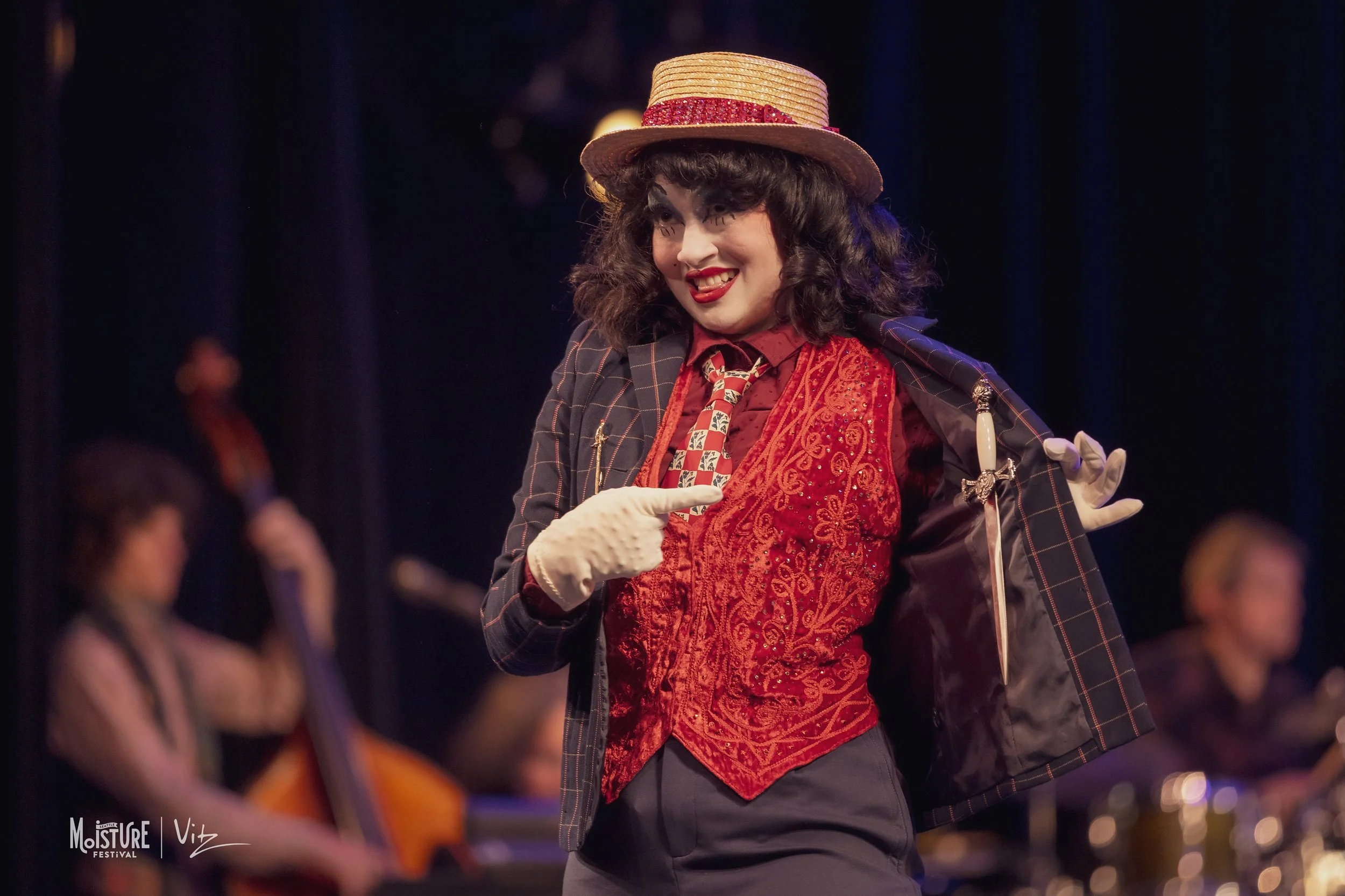 Bambi Karloff, burlesque artist and sword swallower, at Moisture Festival, March 2026.