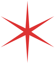 Red star with eight points on a black background.