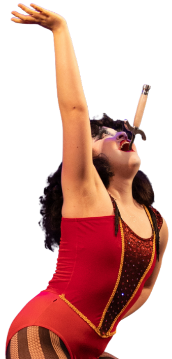 Bambi swallowing a sword with arm raised, wearing a red costume with gold accents and fishnet stockings.