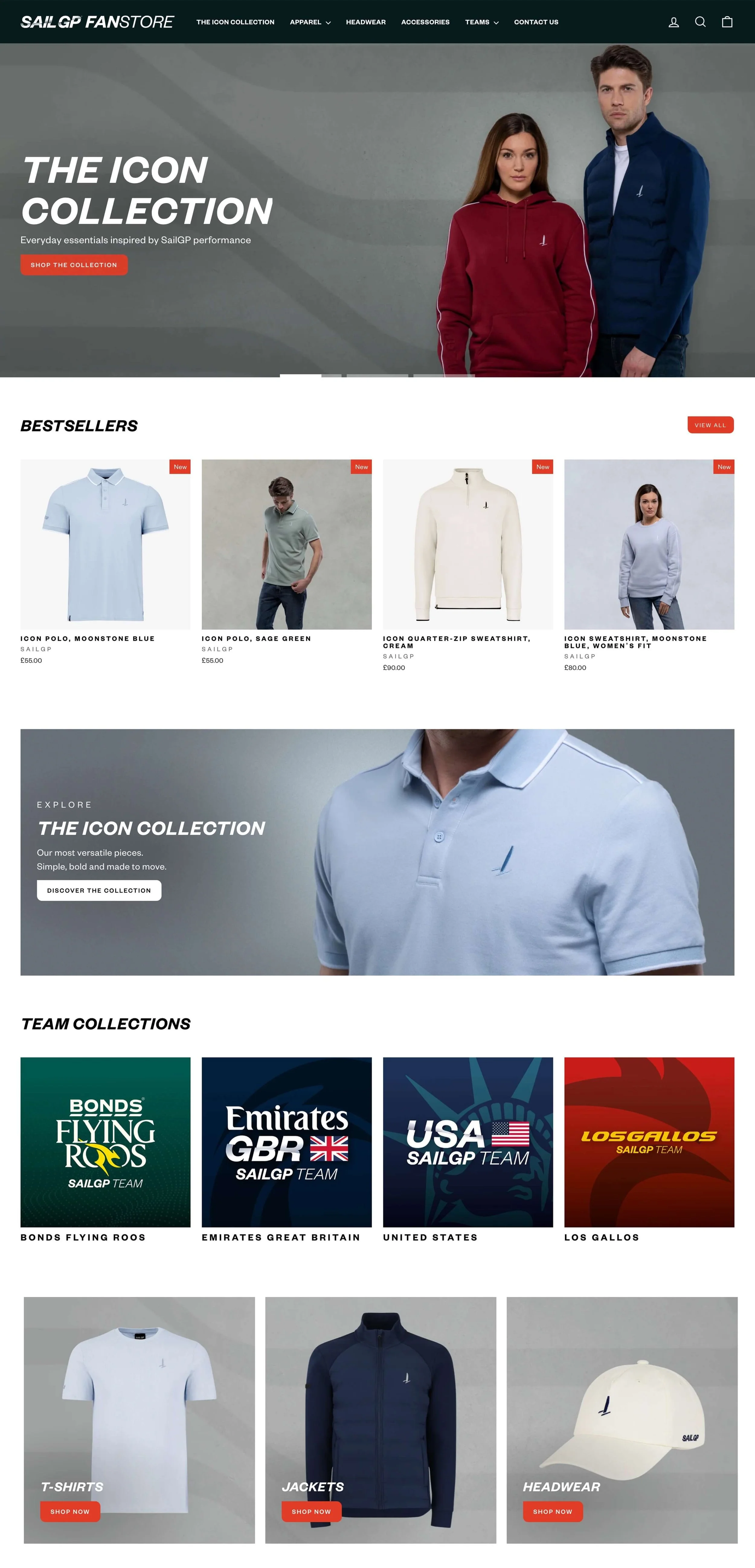 A website homepage for SAILGP, featuring a hero image of a sailor racing on water with gear. 