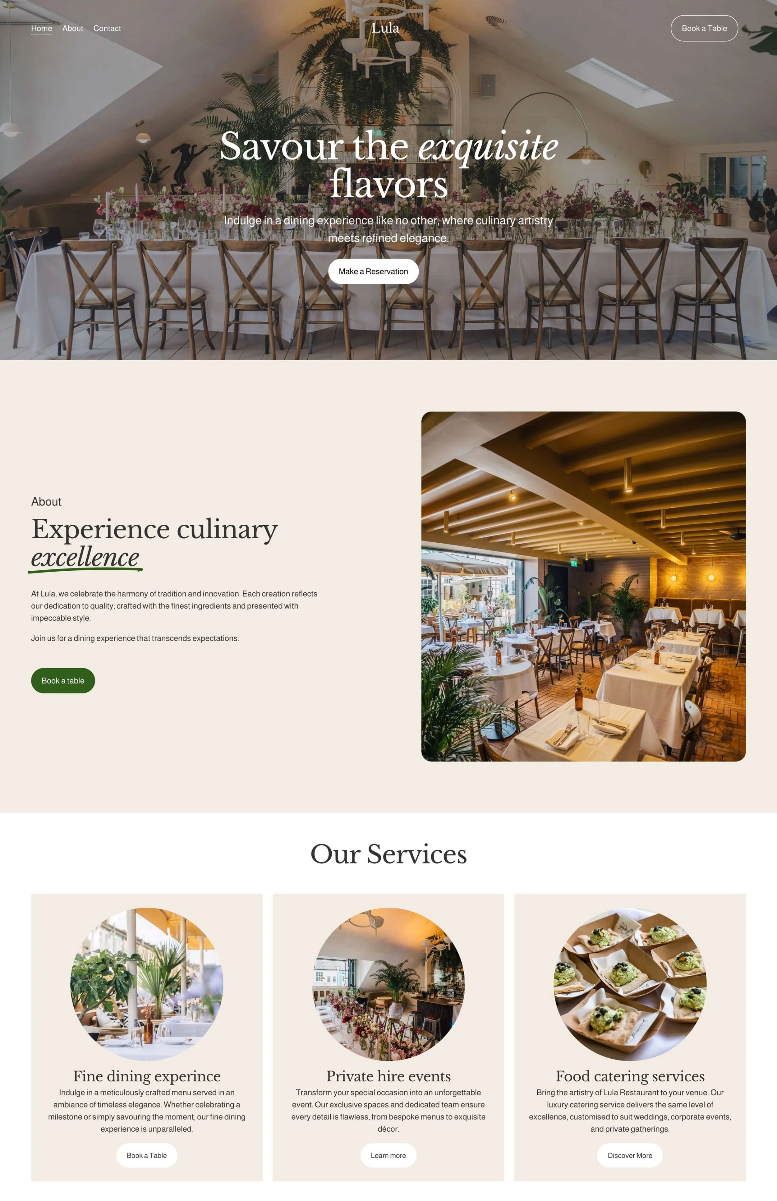 A website homepage for Lula restaurant featuring images of elegantly set dining rooms with various table arrangements and decor, and text about culinary excellence and services.