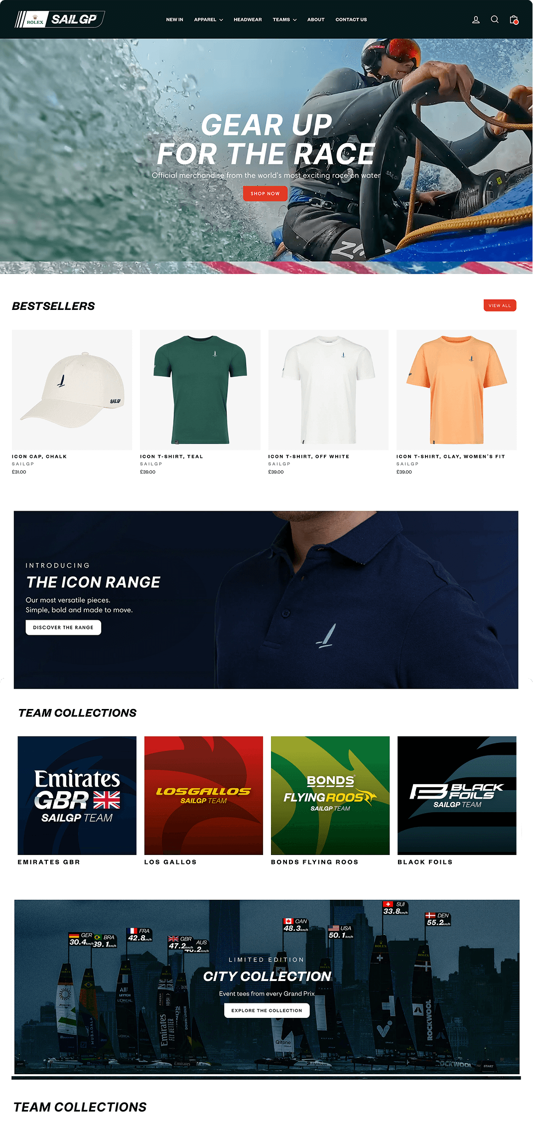 A website homepage for SAILGP, featuring a hero image of a sailor racing on water with gear. 