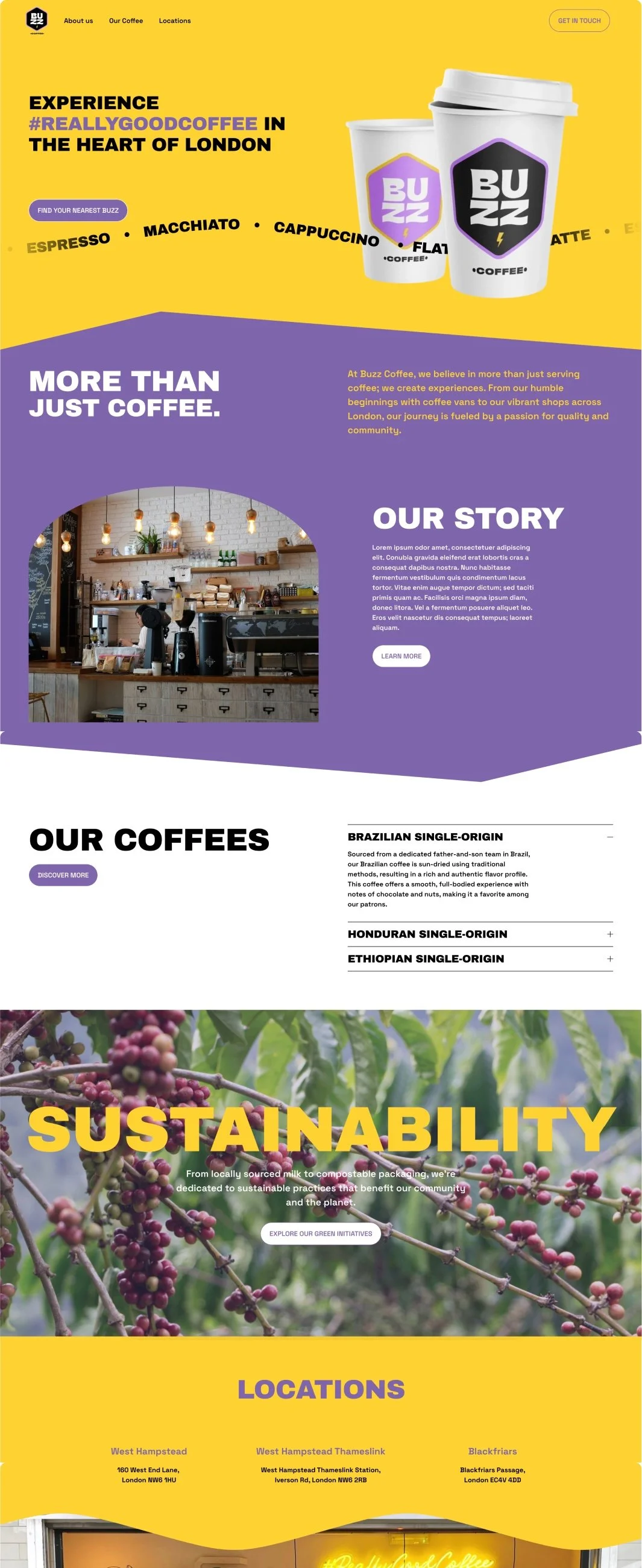 A webpage for Buzz Coffee showcasing their coffee offerings and sustainability efforts. 