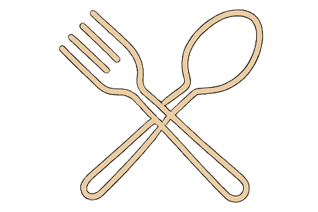 Illustration of a fork and spoon crossed on a white background.
