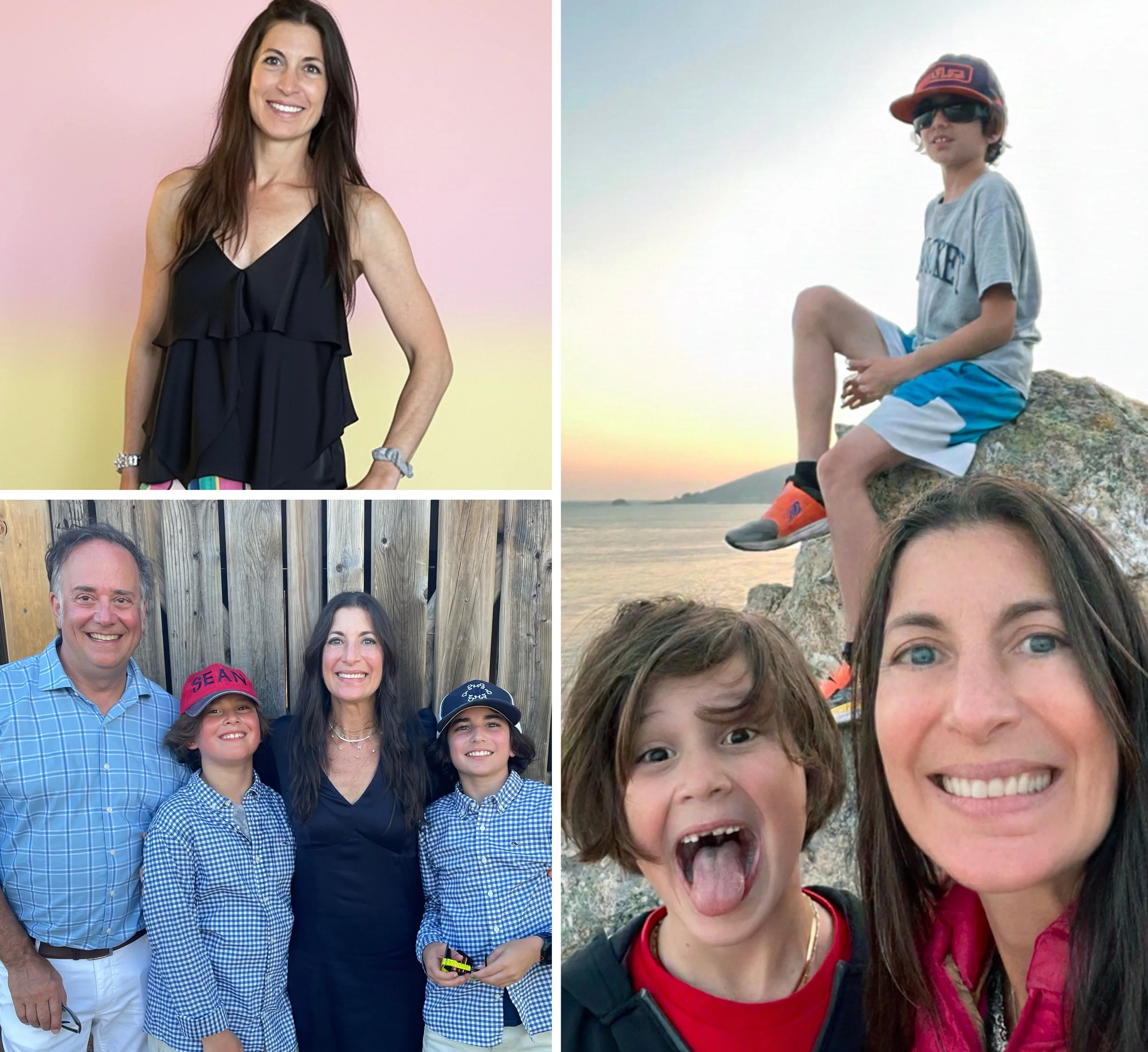 A collage of three photos: the top left features a woman with long brown hair smiling in front of a pink and yellow gradient background; the top right shows a boy wearing sunglasses, a gray t-shirt, blue shorts, and an orange cap sitting on a rock by the water at sunset, with two children, a girl and a boy, in the foreground); the bottom left depicts a family of four smiling in front of a wooden fence, with a man in a blue checkered shirt, a woman with long dark hair, and two children wearing checkered shirts and hats.