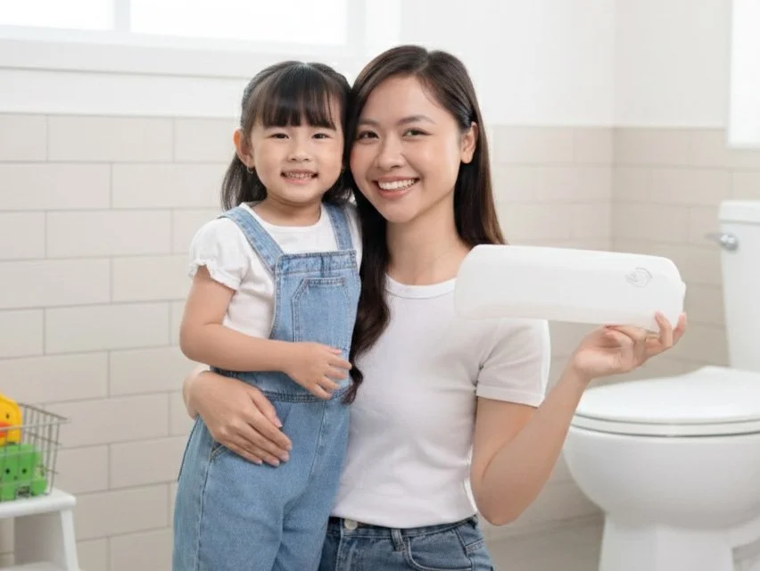 A woman and a young girl smiling and sitting together in a bathroom. The woman is holding a white object, possibly a light fixture or air purifier. The background features white tiled walls and a toilet.