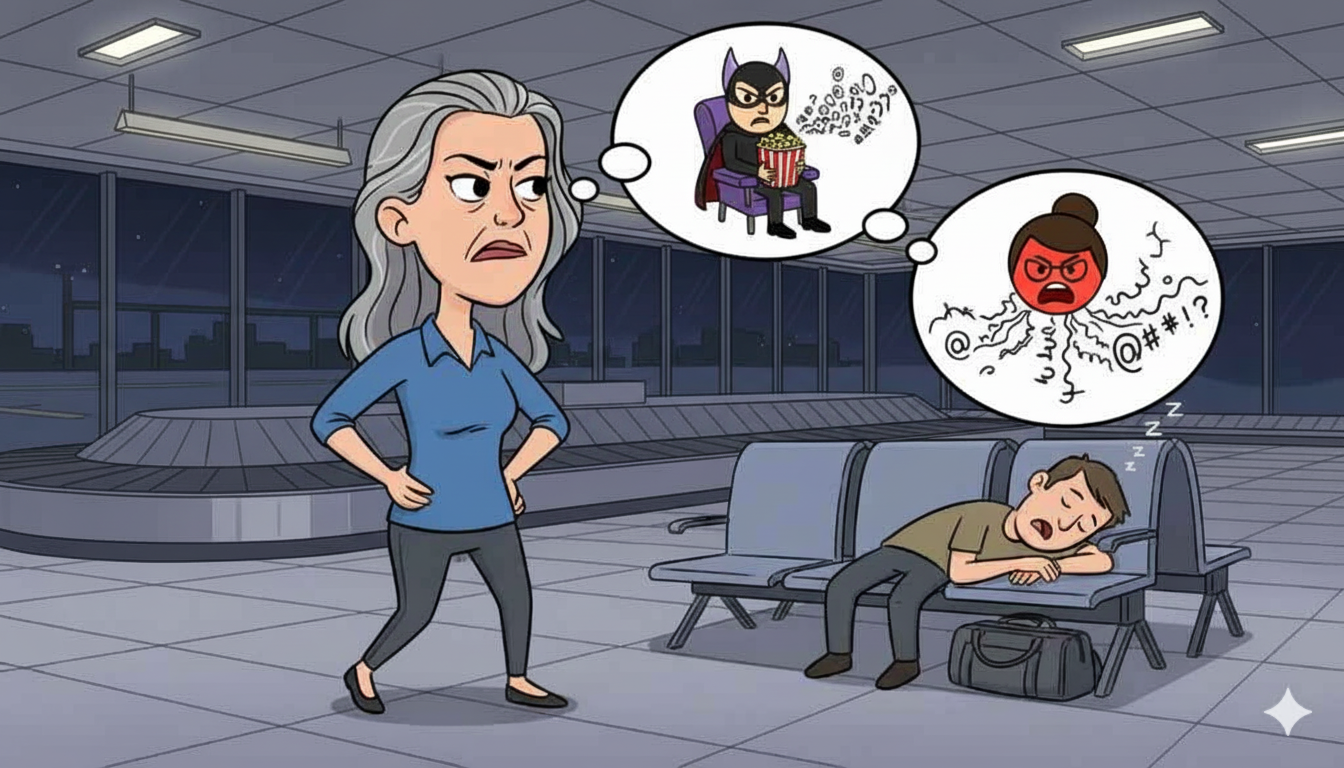 AI cartoon illustration of middle-aged woman looking angry and  frustrated in the baggage area of the airport, staring at a man who is sprawled across the public seat sleeping soundly next to his luggage. Image conveys Travel Stresses