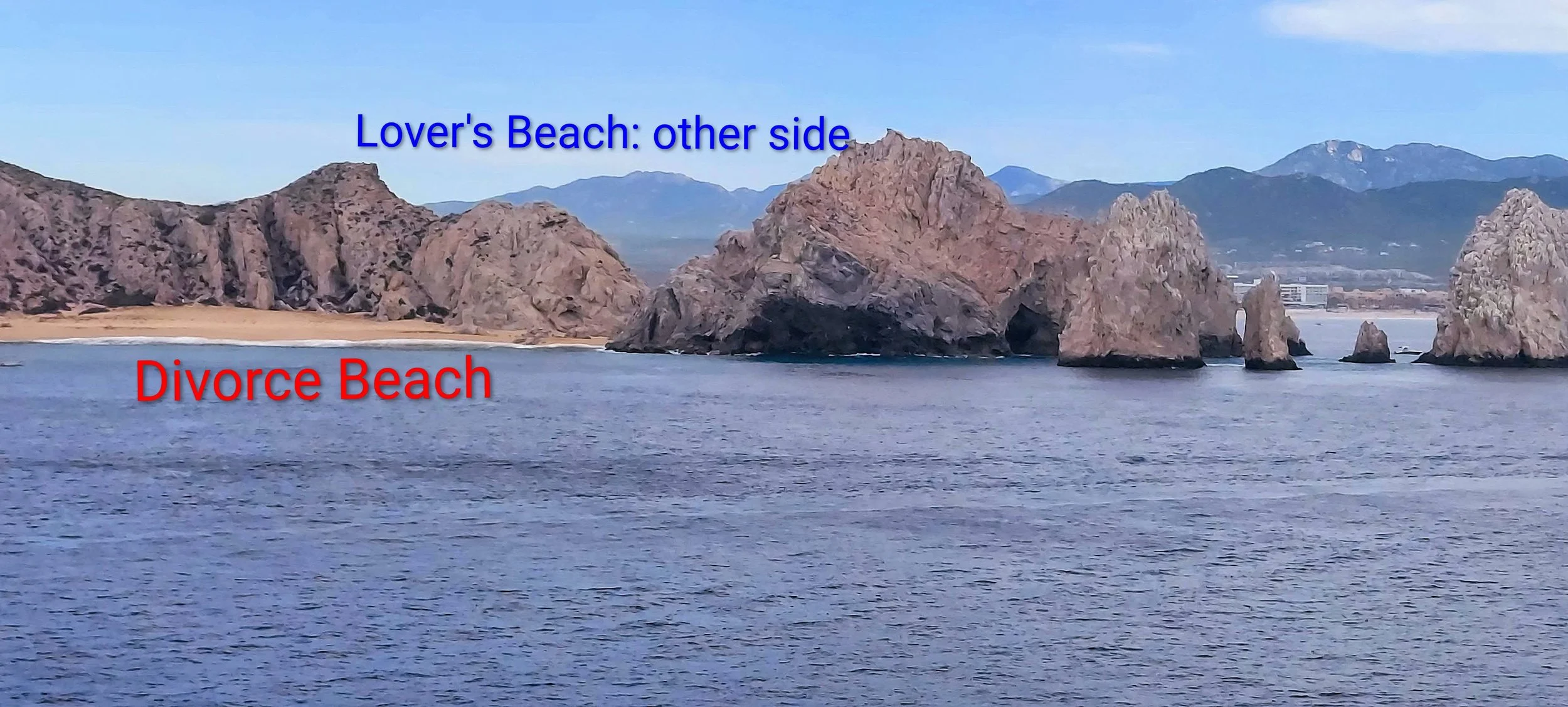 Lover's Beach Cabo, Mexico take from NCL Mexican Rivera Cruise balcony view of Land's End, Divorce Beach & Lover's Beach on the opposite side of the cliffs. Picture shows the sandy walk space in between cliffs. Photo taken by CompassChaos13