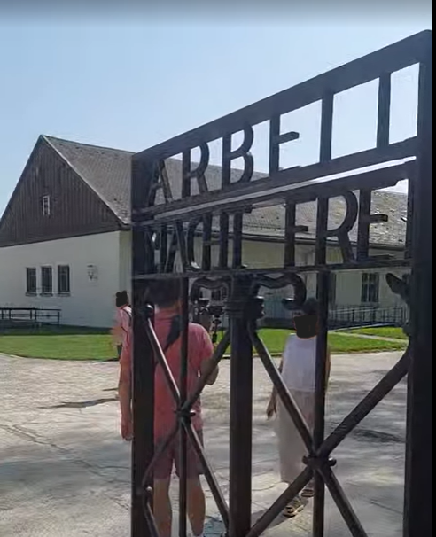 Gates to Dachau Concentration Camp.  A replica stands now, the words in the gate are ARBETT MACHT FREI which translates from German into "Work Will Set You Free"