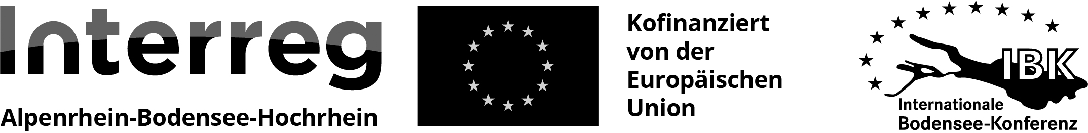 Ein schwarzes Logo mit einem weißen Sternekranz in der Mitte, Texten und Symbolen für IBK und EU. Das Bild wird durch einen diagonalen schwarzen Balken blockiert.