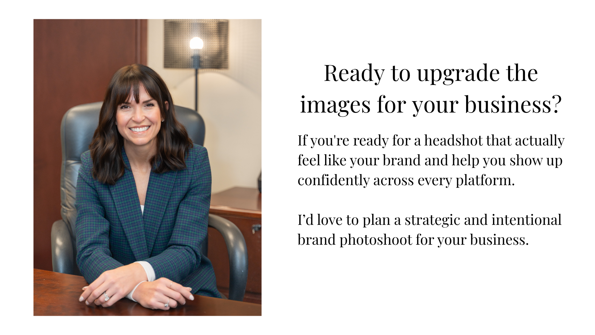 Women with brown hair and bangs sitting at a desk smilin