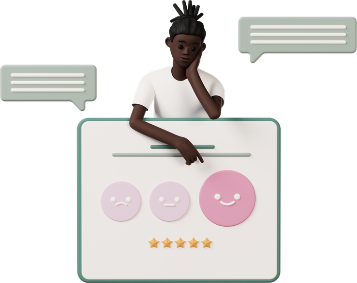 A person with dark skin and black hair styled in a high bun wearing a white t-shirt, resting their head on their hand while pointing to a satisfaction rating chart with emojis ranging from sad to happy. There are two speech bubbles with text around them.