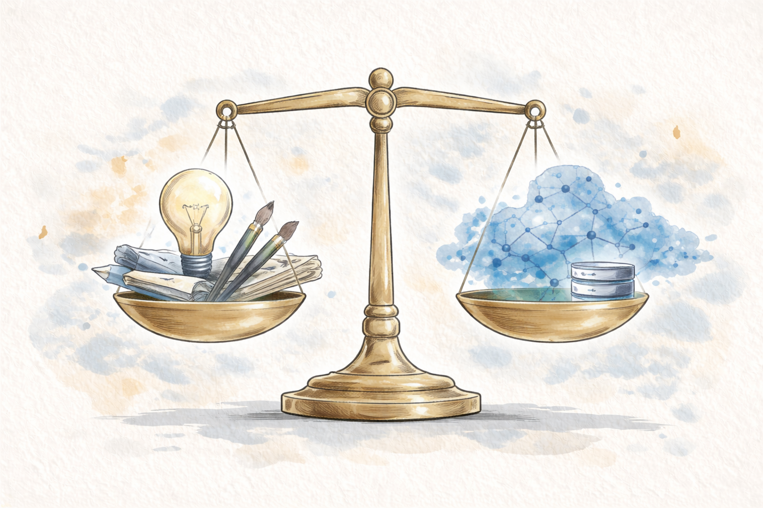 Akwarelowa ilustracja wagi równoważącej narzędzia kreatywne i abstrakcyjne AI, symbol etycznego użycia AI.