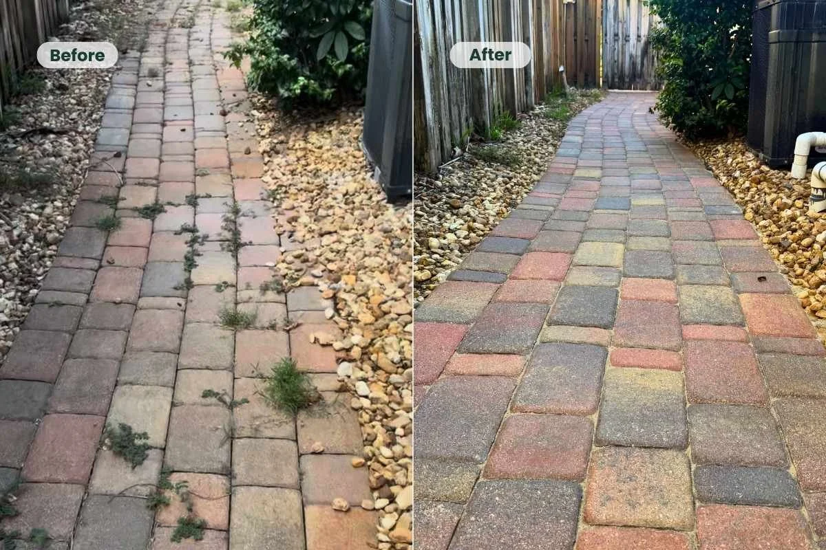 Before and after of a Coral Springs paver side walkway after cleaning, resanding, and sealing.