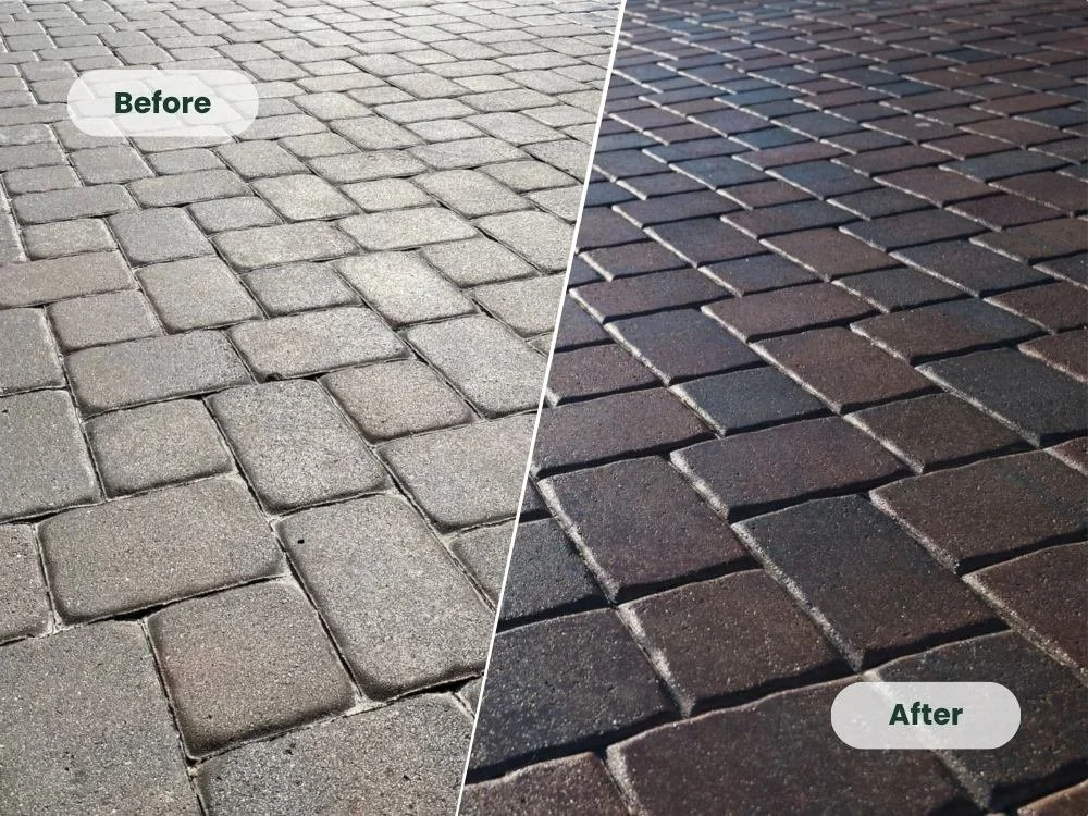 Before and after of brick paver sealing in South Florida — restored color, UV protection, and joint stabilization for a long-lasting finish.