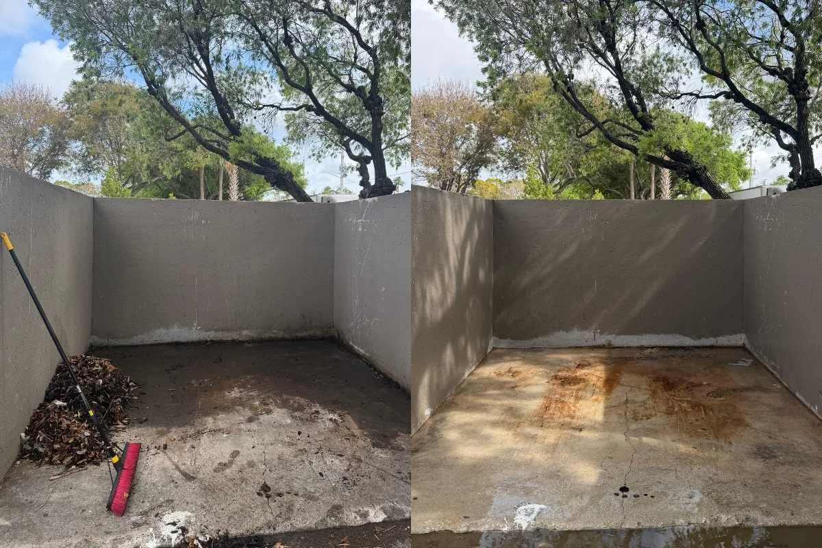 Dumpster pad cleaning for grease, food residue, and odor-prone buildup at a commercial property.