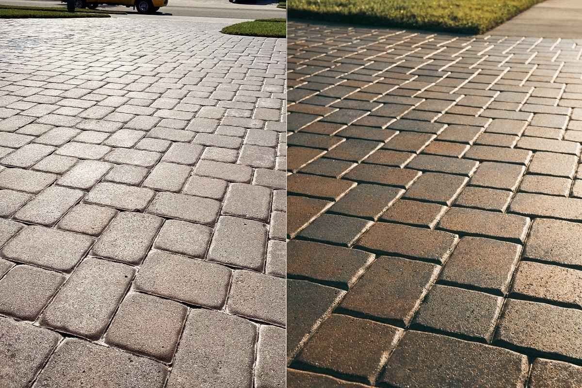 Comparison of matte and wet look sealed pavers showing difference in color depth and surface reflection