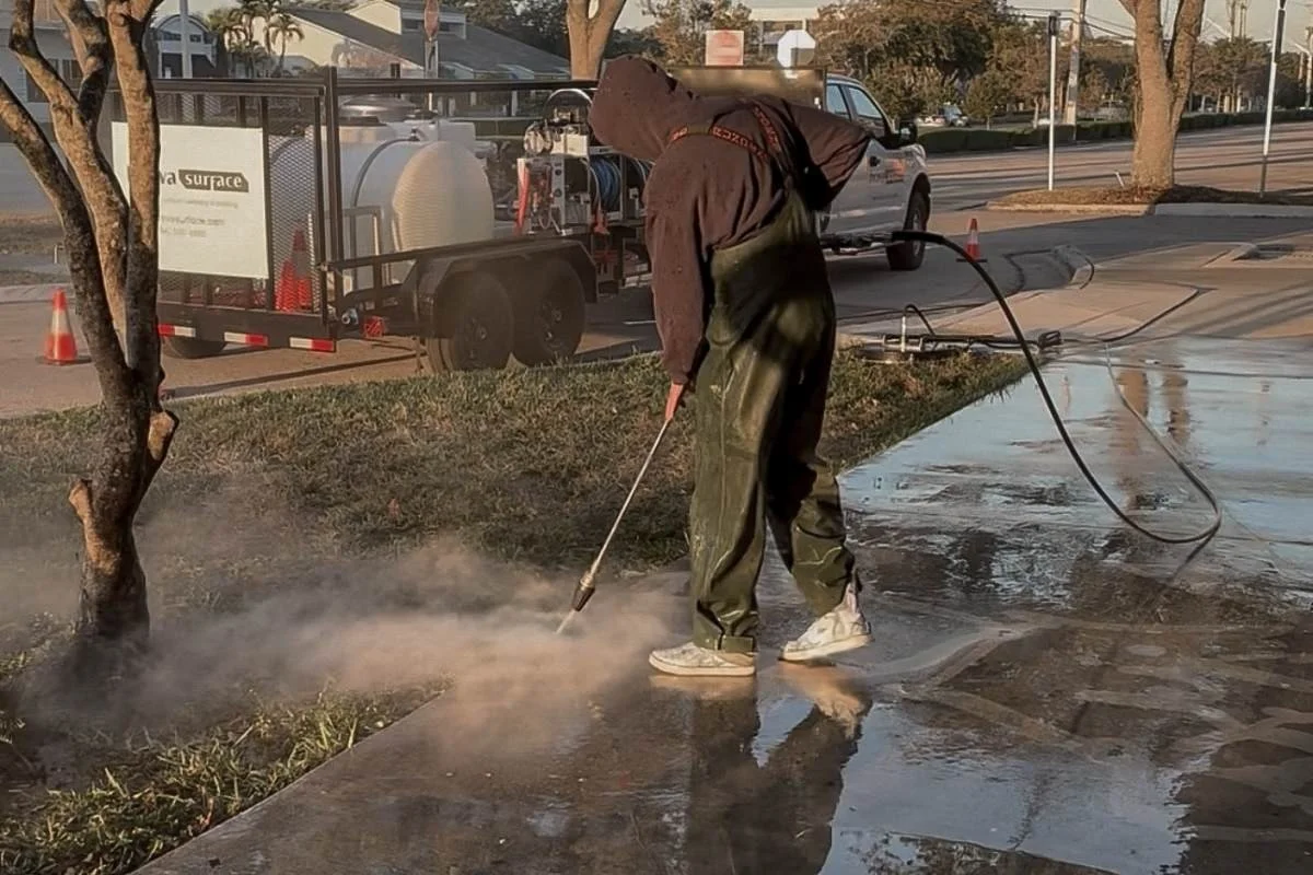 Commercial concrete surface being cleaned with pressure washing equipment in Broward County.