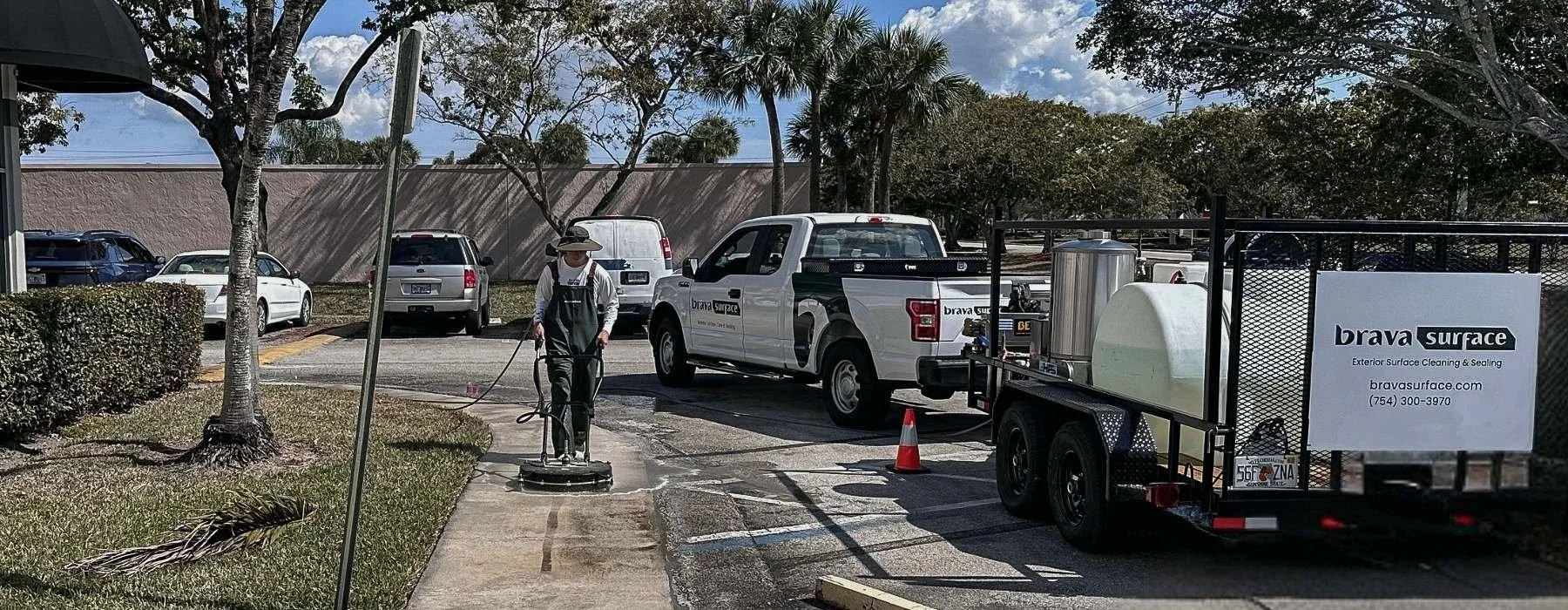 BravaSurface cleaning crew using professional equipment for exterior surface cleaning in Broward County.