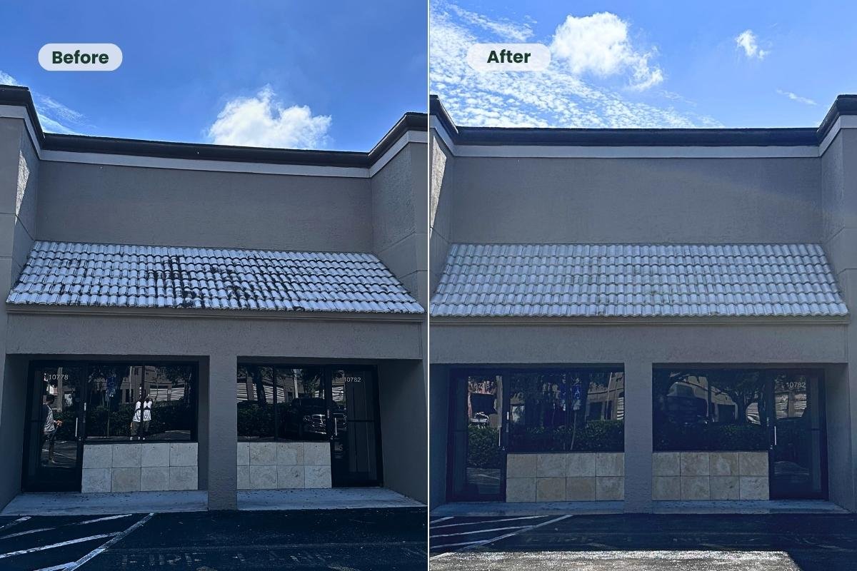 Before and after of a commercial storefront tile awning in Sunrise showing reduced dark organic staining after soft washing.