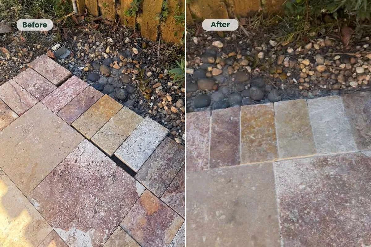 Before and after of loose travertine stones repaired during a Coral Springs pool deck cleaning and sealing project.
