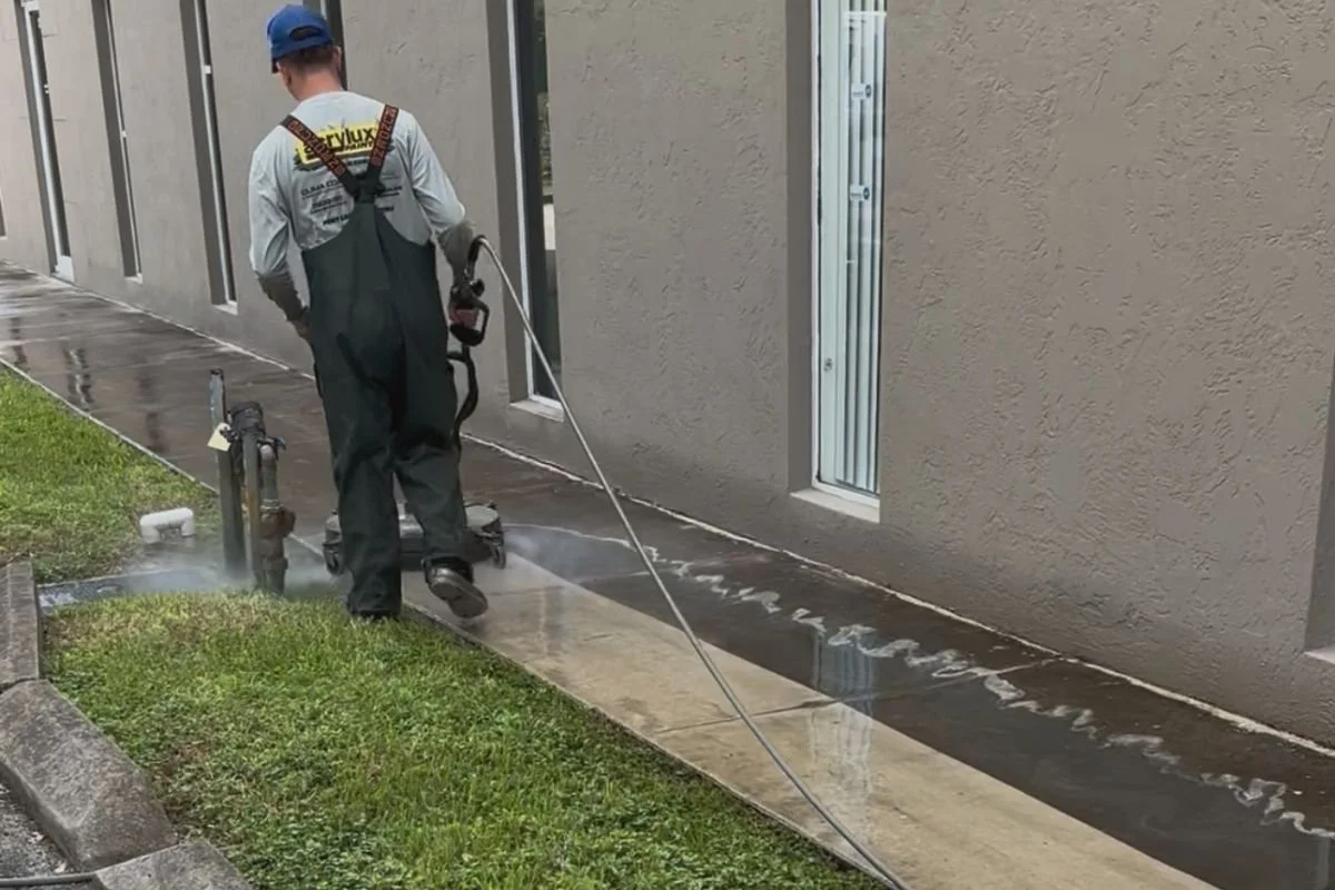 Technician pressure washing a concrete sidewalk alongside a commercial building in Sunrise, Florida.