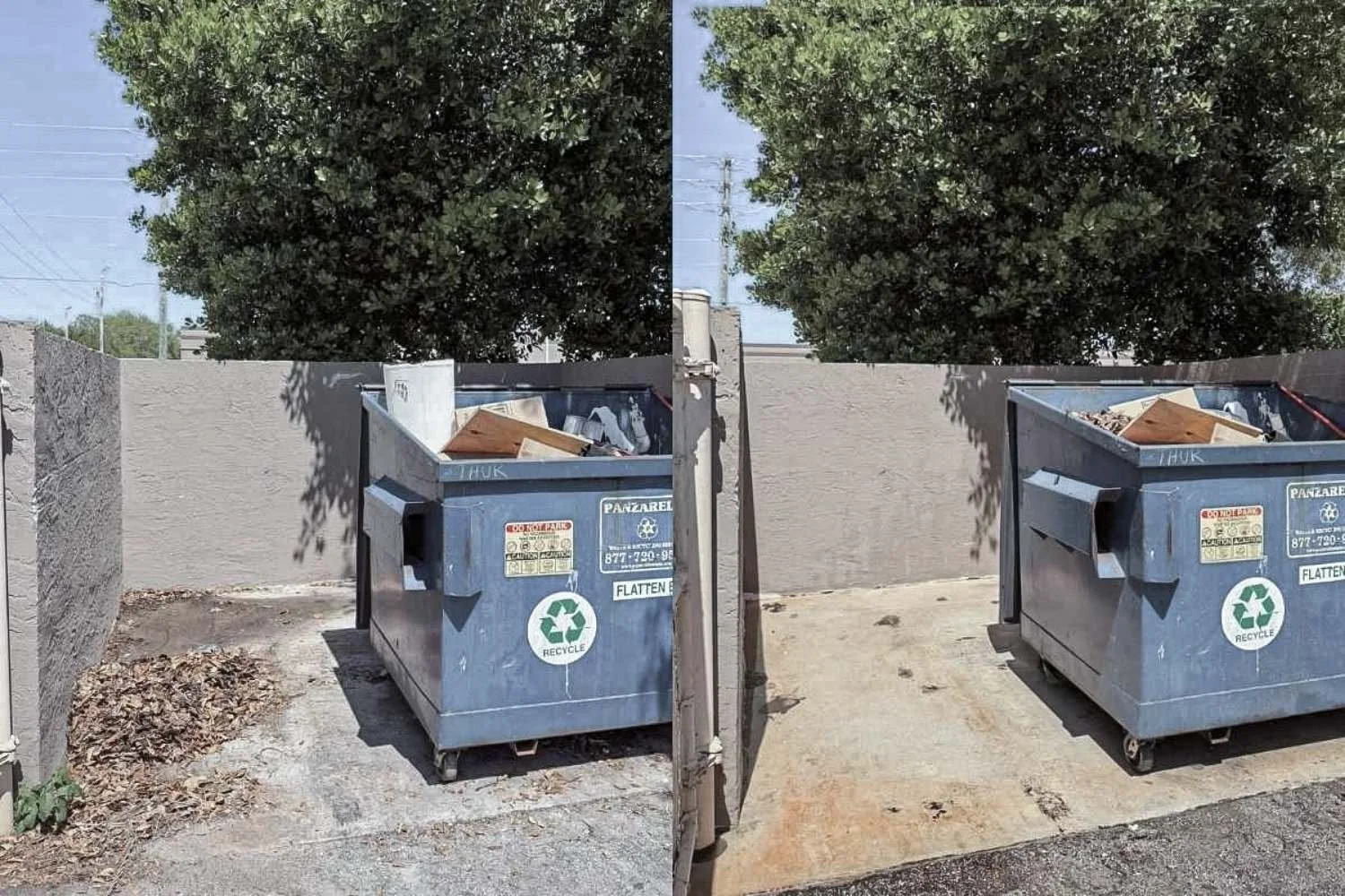 Before and after view of a commercial dumpster pad cleaned to reduce grease, residue, debris, and surface buildup.