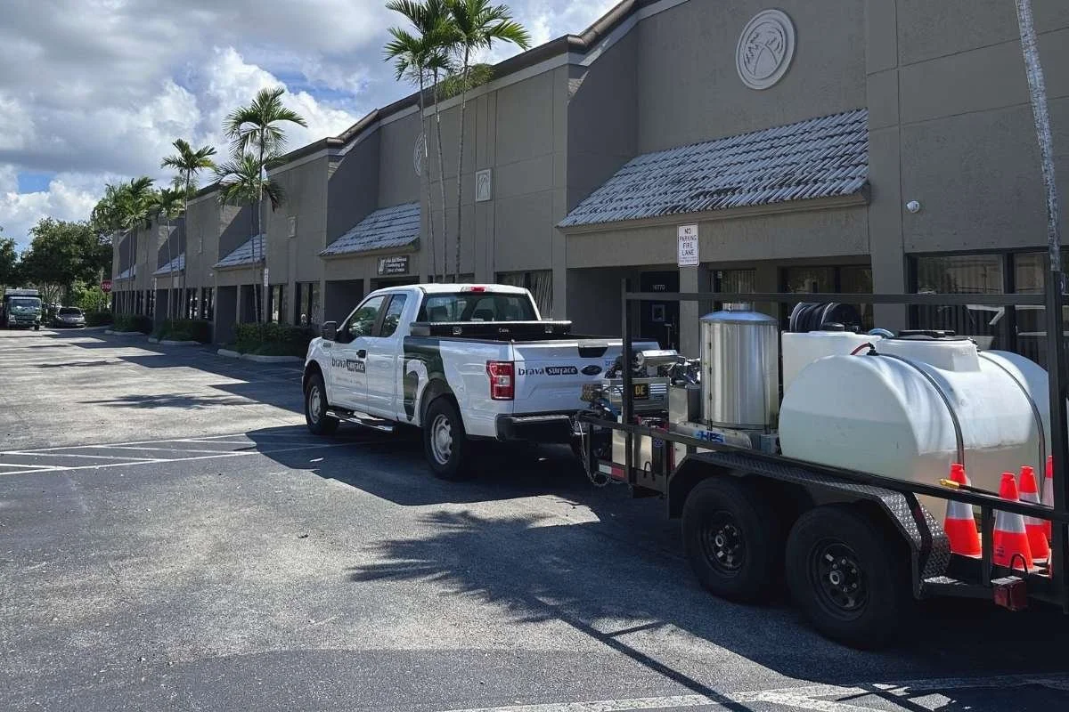BravaSurface truck and commercial exterior cleaning equipment at a commercial center in Sunrise, Florida.