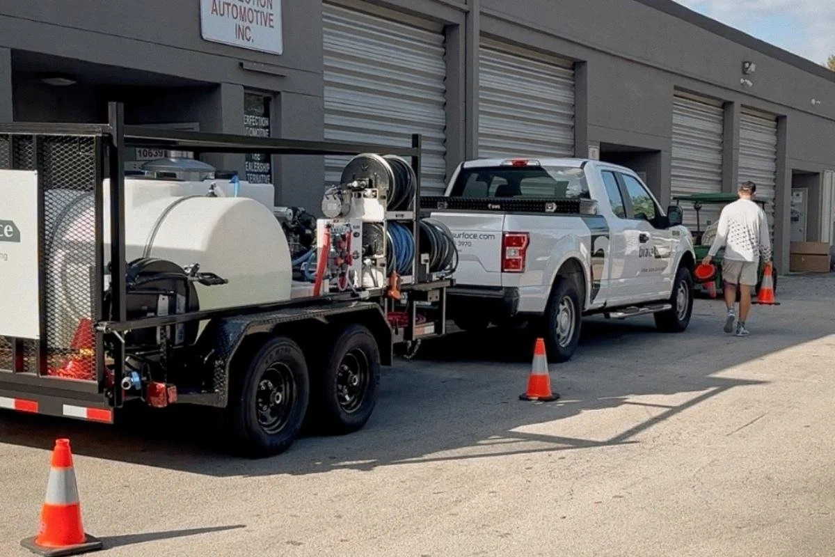 Professional exterior surface maintenance setup in a Broward County commercial property, with safety cones and controlled work area.
