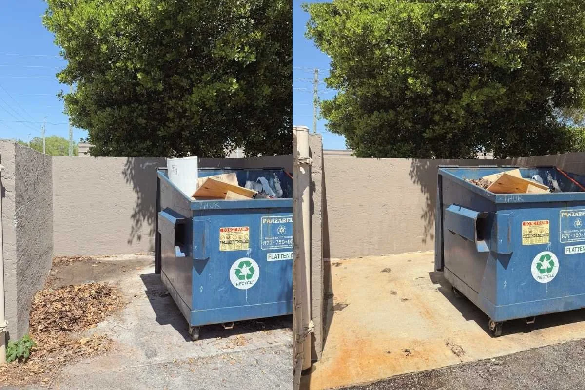 Before and after cleaning a dumpster pad area in a commercial property showing improved hygiene and surface condition.