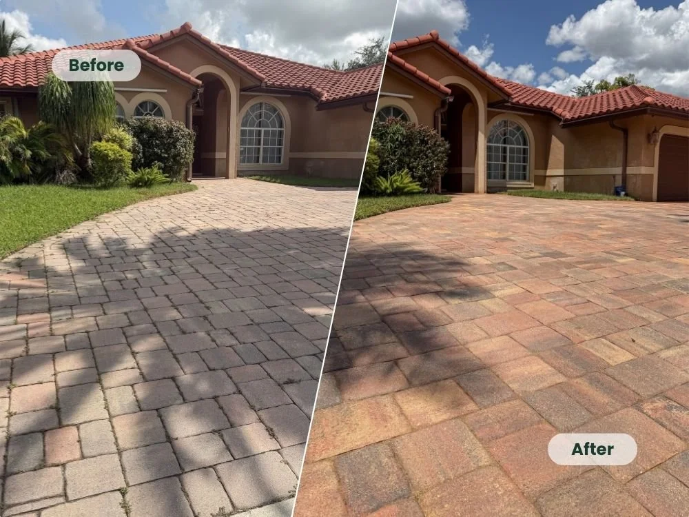 Before and after brick paver driveway cleaned, re-sanded, and sealed in Broward County.