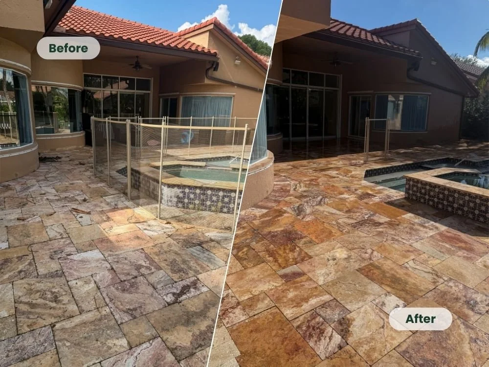 Before and after travertine pool deck cleaned and sealed around a pool area in Broward County.