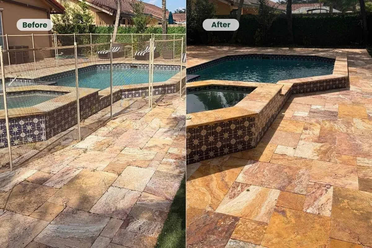 Before and after of a Coral Springs travertine pool deck after cleaning, preparation, and sealing.