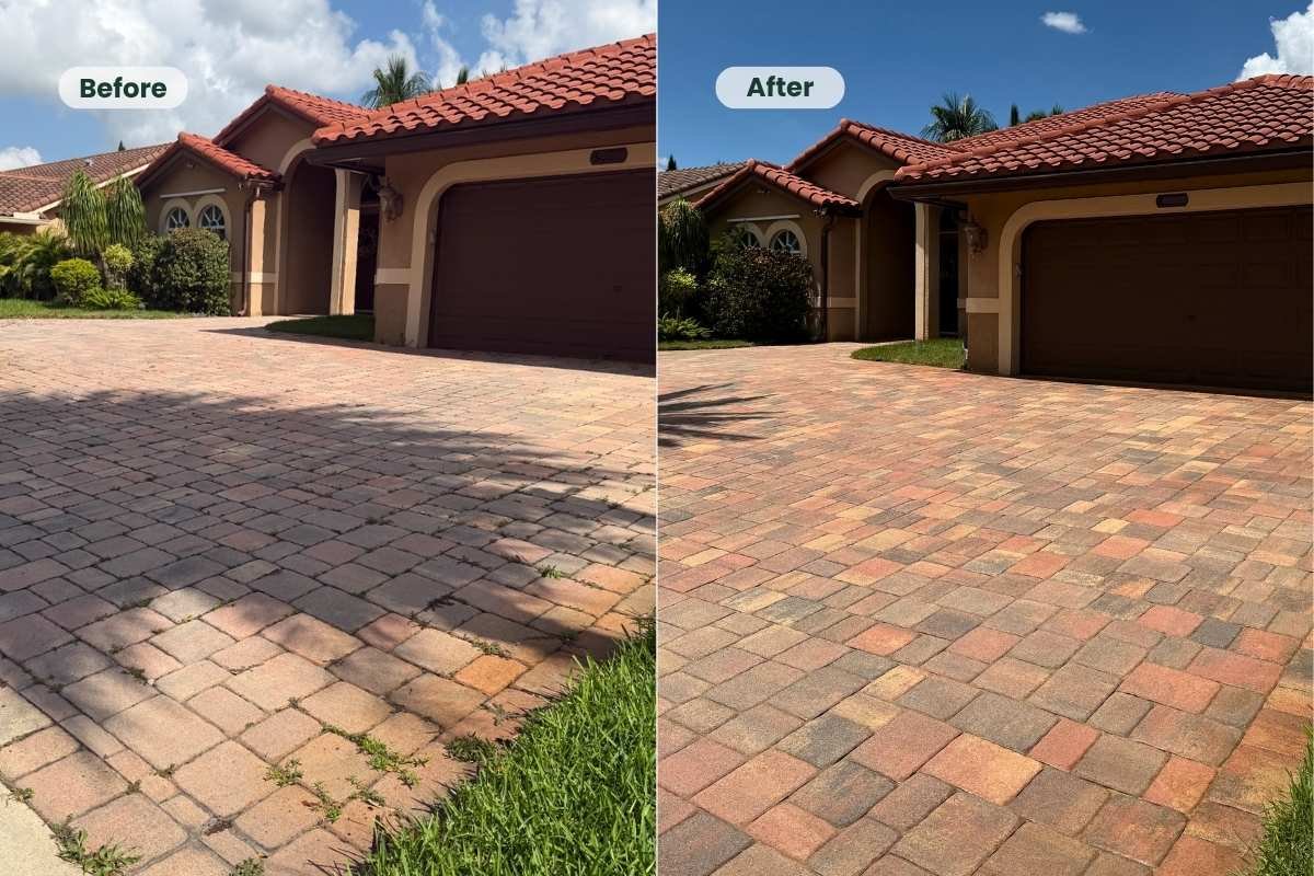 Before and after of a paver driveway in Coral Springs after cleaning, resanding, and sealing.