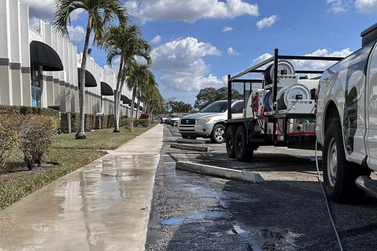 Commercial sidewalk pressure washing in Broward County removing surface dirt and buildup.