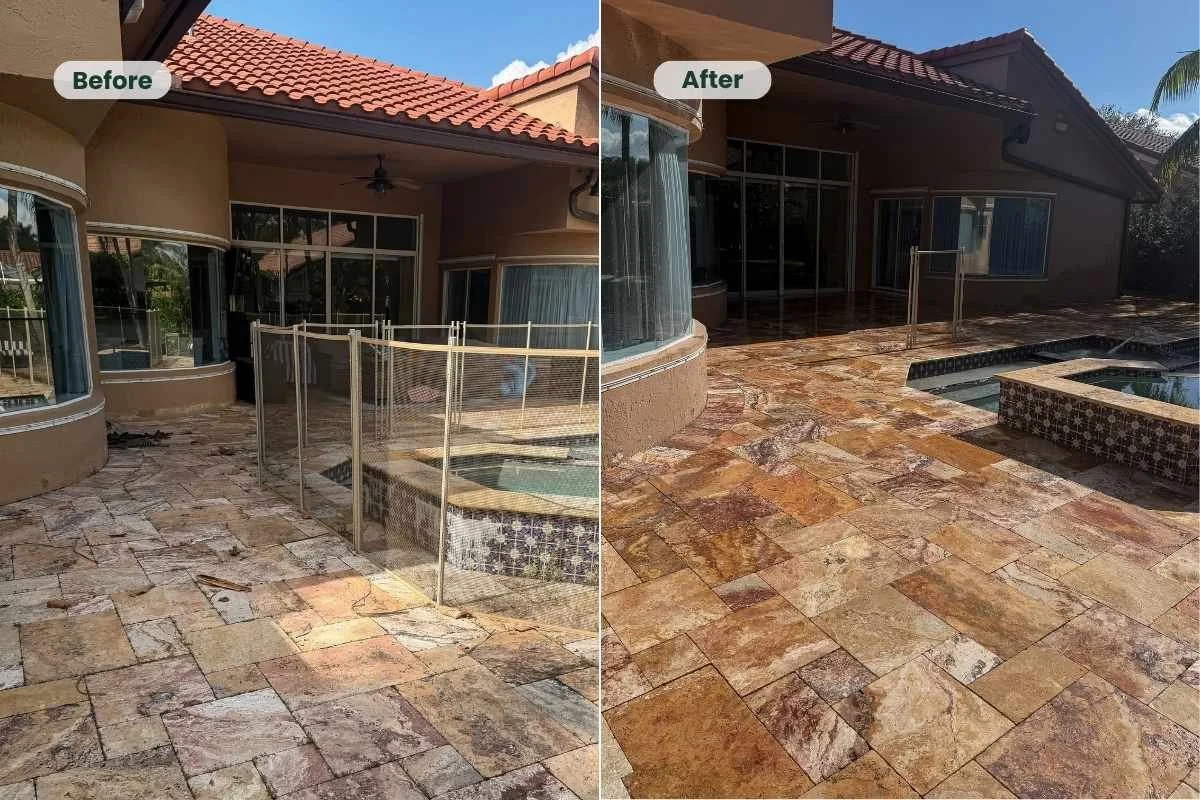 Sealed travertine pool deck in Coral Springs after natural stone cleaning and surface preparation.