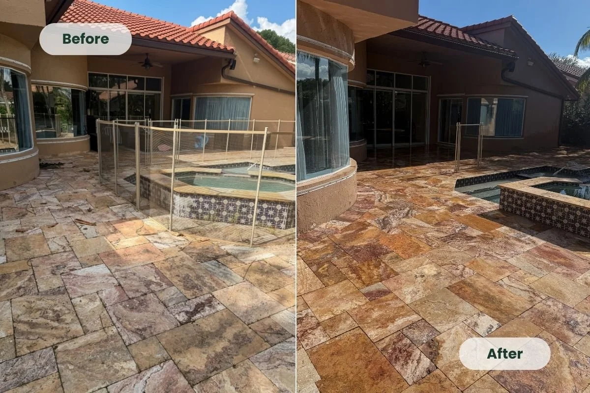 Before and after travertine patio cleaned and sealed around a pool area in Broward County.