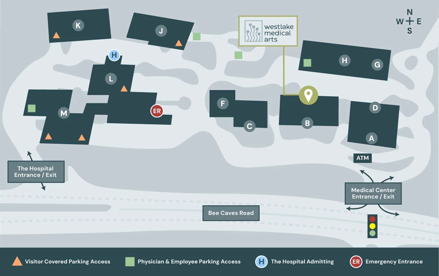 Map of Westlake Medical Arts and surrounding hospital facilities, showing parking areas, entrances, and main building labels.