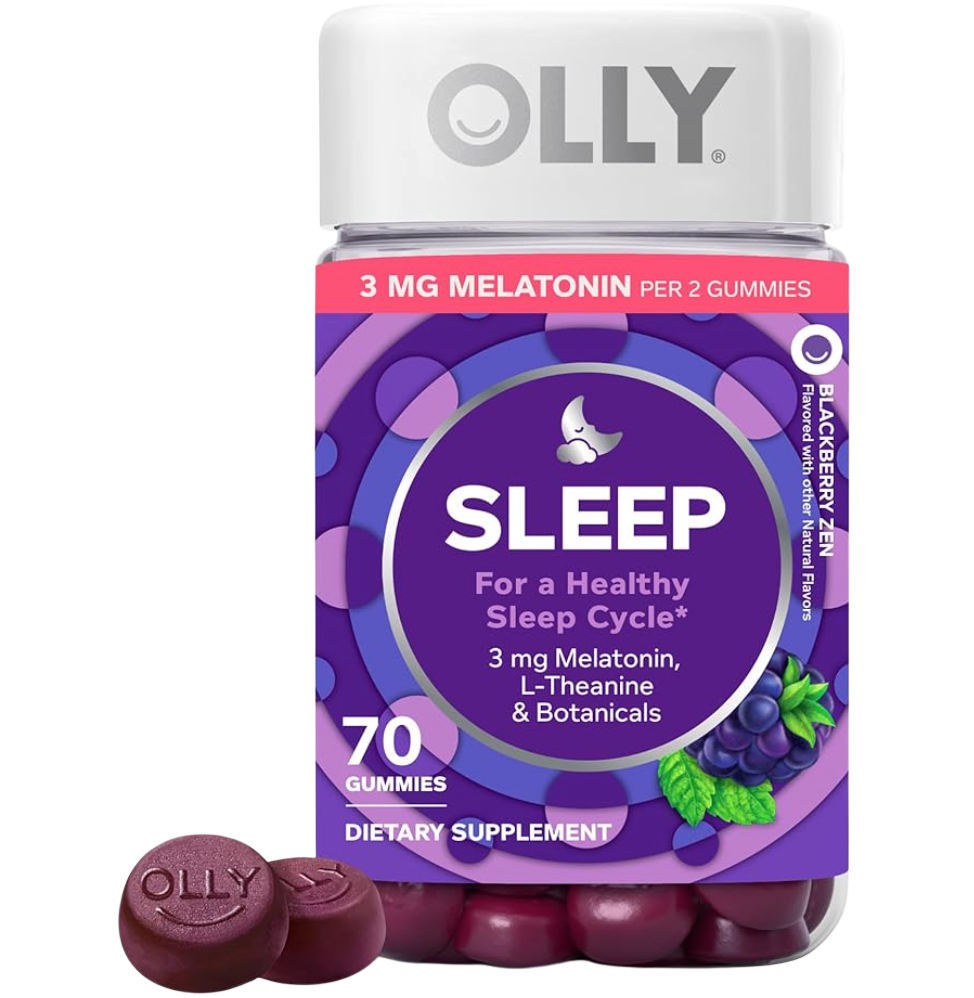 Bottle of Olly Sleep dietary gummies with some gummies outside the bottle. The label indicates 70 gummies, with melatonin, L-theanine, and botanicals for a healthy sleep cycle, flavored with elderberry zen.