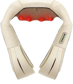 A neck massager device with a white exterior and control buttons on the side, positioned around a person's neck. The image shows the device from the front with a cozy, beige background.