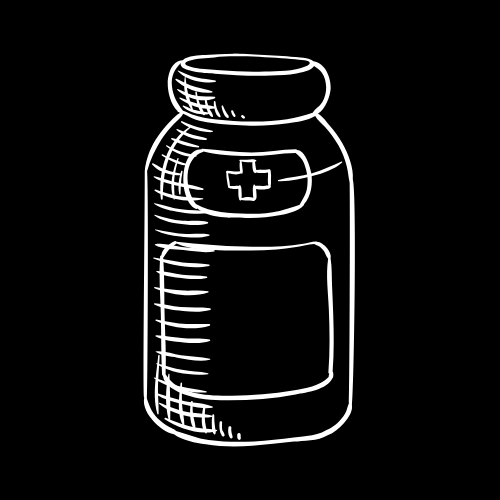 White outline of a medicine bottle with a cross symbol on it, drawn on a black background.