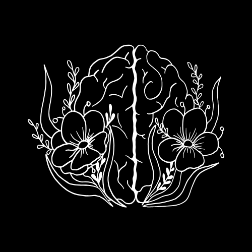 Black and white digital illustration of a human brain surrounded by flowers.