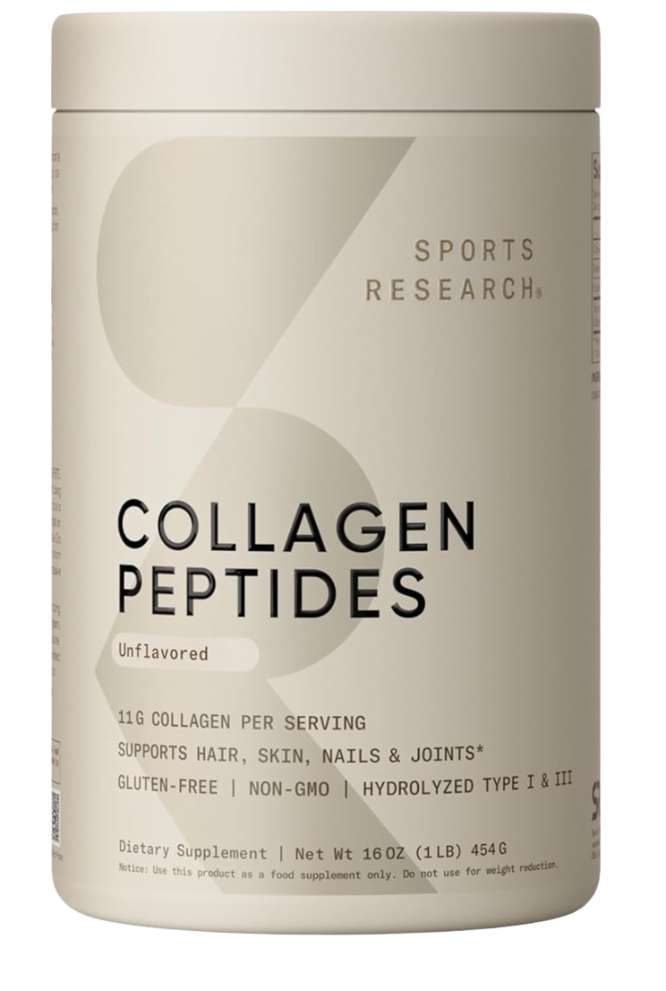 A container of sports research collagen peptides dietary supplement with unflavored flavor, weighing 16 ounces, showing details about its benefits for hair, skin, nails, and joints.