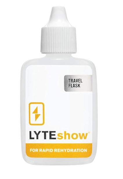 A white travel-sized bottle with a nozzle cap labeled 'LYTEshow for rapid rehydration' and a small label that says 'Travel Flask'.