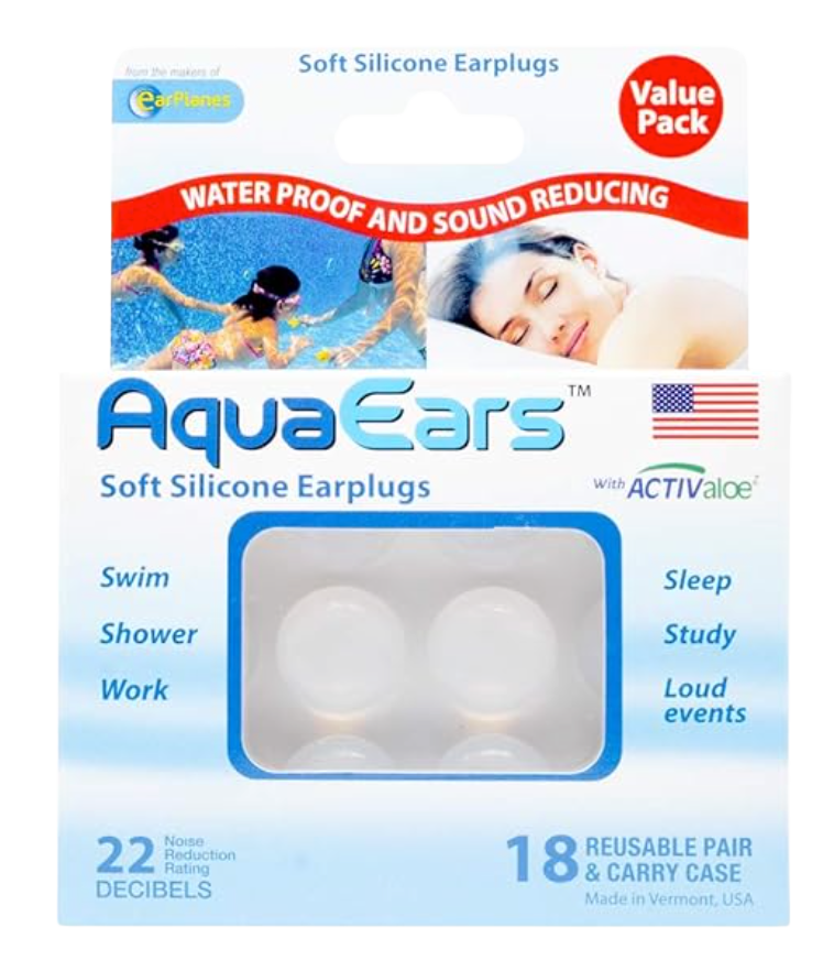 Packaging of AquaEars soft silicone earplugs for water protection and sound reduction. Features include waterproof capabilities, noise reduction of 22 decibels, and versatility for swimming, showering, working, sleeping, studying, and attending loud events. Contains 18 reusable pairs in a carry case, made in Vermont, USA.