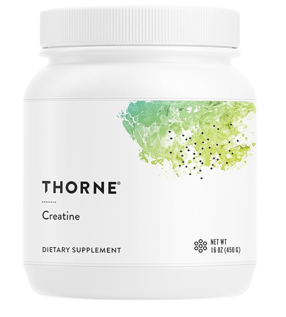 A white container of Thorne creatine dietary supplement with green and black design elements on the label.